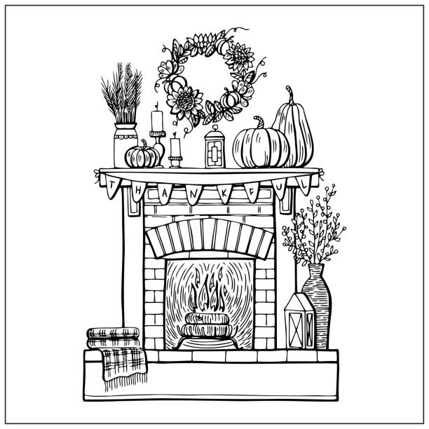 камин на день благодарения с декором. ручная рисовать каракули графики. - fire thanksgiving leaf burning stock illustrations