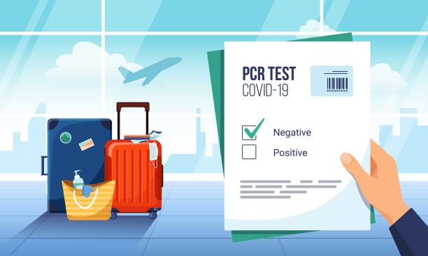 Hand holding negative PCR test for Covid-19 in an airport. Coronavirus protection, new normal of travelling Tourist waiting for departure in an airport lounge with a negative result of a PCR Covid-19 test. Luggage and plane taking off on the background. Coronavirus protection, new normal of travelling progress window stock illustrations