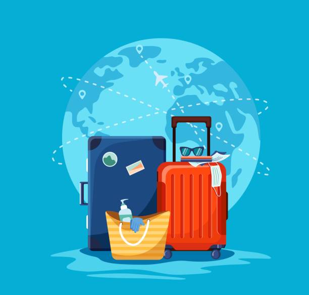 reisekoffer und einkaufstasche mit desinfektionsmittel und medizinischen handschuhen am internationalen flughafen - koffer stock-grafiken, -clipart, -cartoons und -symbole