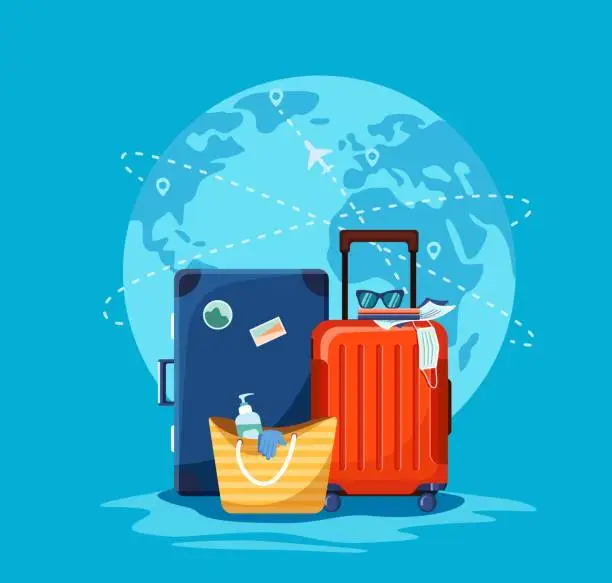 Vector illustration of Travel suitcases and tote bag with sanitizer and medical gloves at the international airport