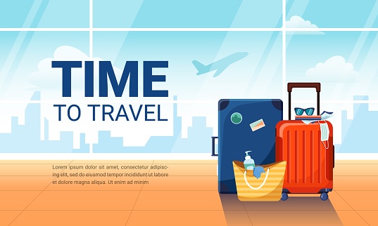 Time to travel banner. Airport interior with suitcases and plane taking off on background