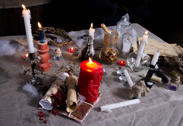 istock various candles and accessories for halloween background holiday, october 31 night place copy 1318014881