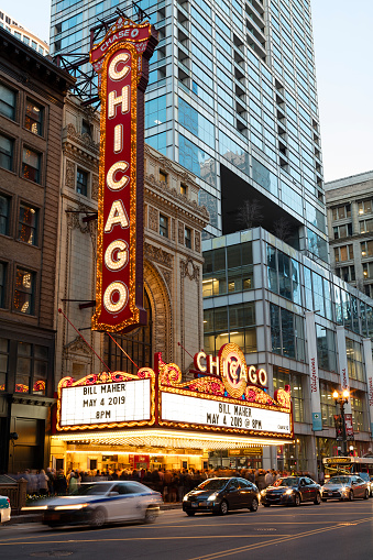 Chicago, USA - 05 May, 2019 - The famous Chicago Marquee Theater Sign on State Street in the loop area of downtown Chicago. The Chicago Theater is an historic place and is listed as a Chicago Landmark.