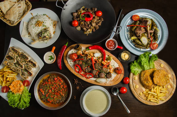 istock Table with various arabic food served. Top view 1318018652