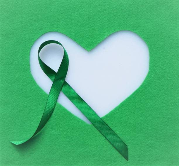 green ribbon, green heart, white background--awareness month: non-hodgkin lymphoma; mental health - non hodgkin lymphoma imagens e fotografias de stock