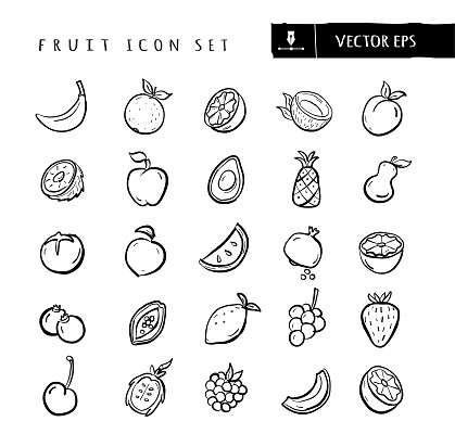Vector illustration of a set of fruit icons. Includes hand drawn banana, orange, lemon, coconut, plum, kiwi, apple, avocado, pineapple, pear, tomato, peach, watermelon, pomegranate, lime, blueberries, papaya, lemon, grapes, strawberry, cherry, passion fruit, raspberry, cantaloupe and blood orange. Simple set that includes vector eps and high resolution jpg in download.