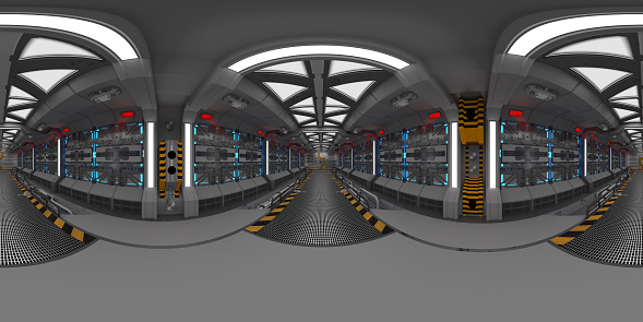 3D Illustration of a spherical 360 panorama of a futuristic spaceship corridor or space station, with ending airlocks, for science fiction, fantasy, and interstellar space travel backgrounds.
