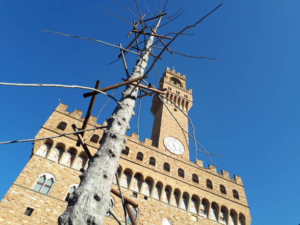 um gigantesco abeto metálico domina a praça da signoria em florença em frente ao palazzo vecchio. é a instalação artística de giuseppe penone. - palazzo vecchio piazza della signoria florence italy italy - fotografias e filmes do acervo