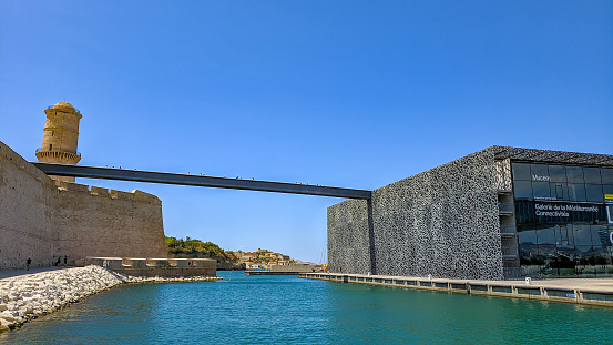 MuCEM Museum bridge and tower. Marseille, France. Sunny summer day.