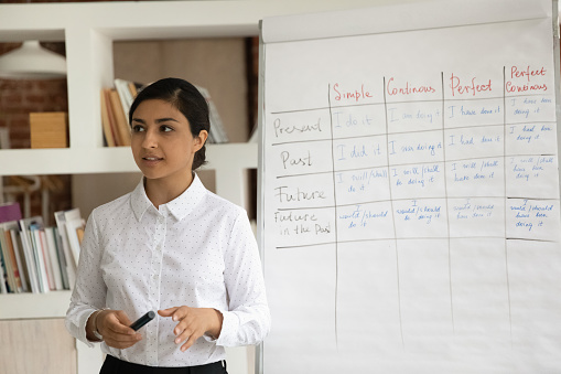 Confident Indian woman teacher making flip chart presentation, explaining and teaching, mentor coach holding English language lesson, lecture, presenting new topic on whiteboard, remote education