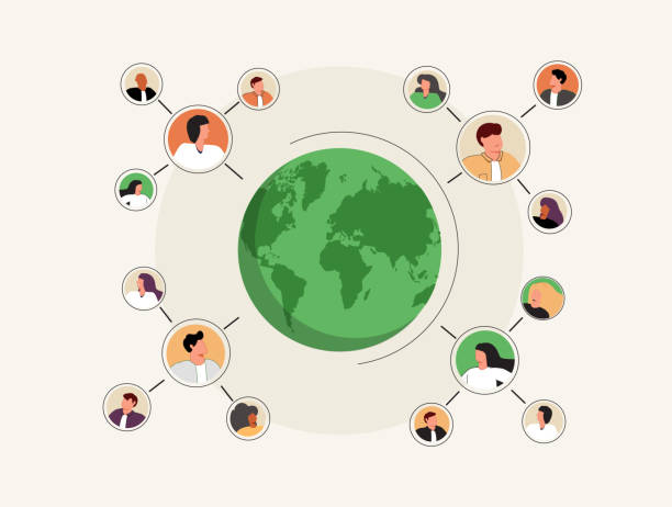 Connected people as social community networking worldwide tiny person concept. Linking business contacts online Connected people as social community networking worldwide tiny person concept. Linking business contacts online in social media vector illustration. Cooperation and teamwork using internet connection. people working together clip art stock illustrations
