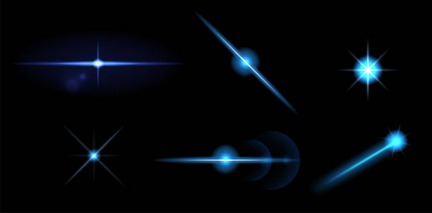 ilustrações de stock, clip art, desenhos animados e ícones de set of vector neon light effects. abstract glowing blue line. ui design element. transparent lens flare effect. futuristic vibrant glow for game design, banner, poster, button. - blue streak lights