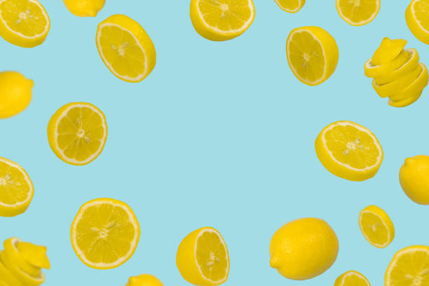 istock Floating levitating fresh lemon on pastel blue background. Vitamins, healthy diet concept. 1318025971