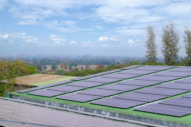 istock Solar panel on a roof under the cloud sky 1318028888