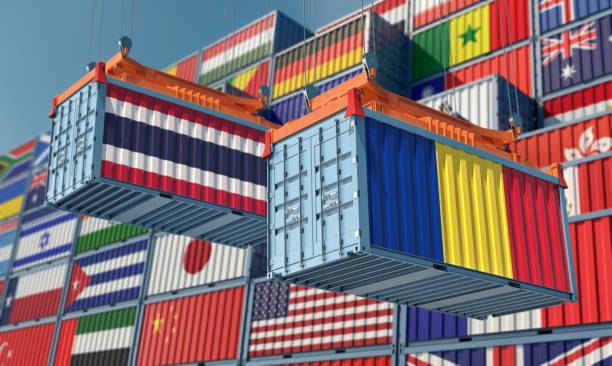 istock Two freight container with Thailand and Romania flag. 1318030125