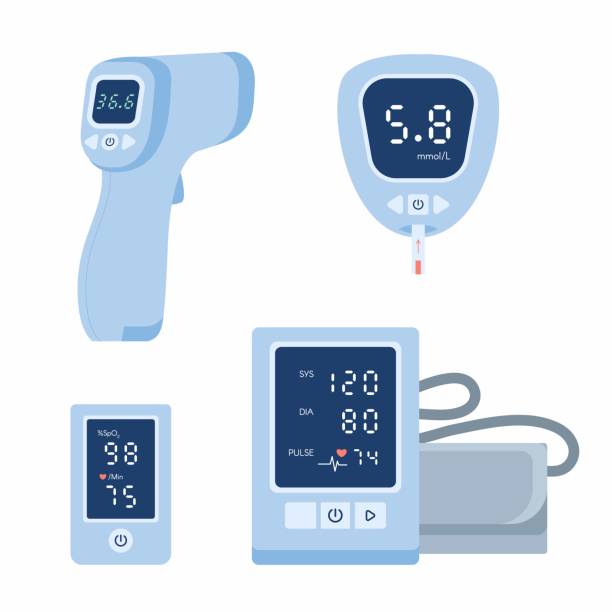 Tonometer, glucometer, pulse oximeter, thermometer. Medical device icon set. Tonometer, glucometer blood glucose meter, pulse oximeter, thermometer. Vector illustration collection isolated white background. Health care equipment pulse oxymeter stock illustrations