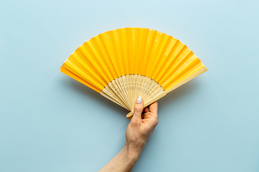 Hand holding hand fan made of bamboo and paper.