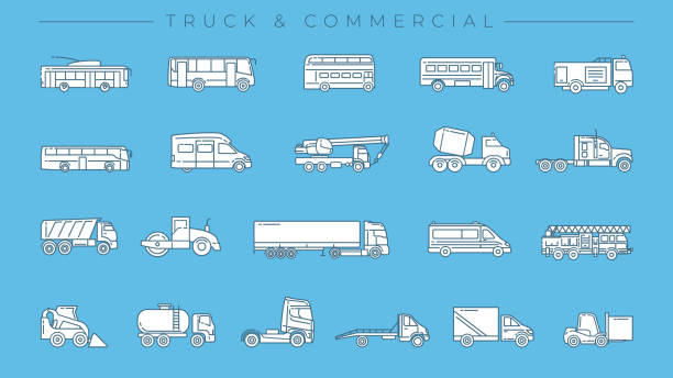 truck und kommerzielle konzept linie stil vektor-icons gesetzt. - tanker car stock-grafiken, -clipart, -cartoons und -symbole