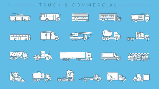 トラックと商業コンセプトラインスタイルベクトルアイコンセット。 - truck fuel tanker transportation mode of transport点のイラスト素材／クリップアート素材／マンガ素材／アイコン素材