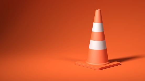 Orange traffic cone isolated on orange background. Cone-shaped markers. 3d illustration.