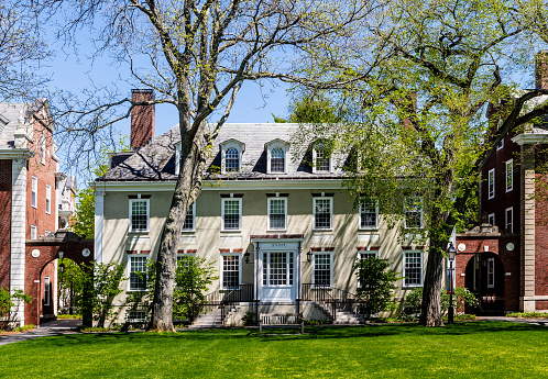 Boston, Massachusetts, USA - May 11, 2021: The Wilder House (c. 1927) on the Harvard Business School campus in Boston, Massachusetts. Named for Canadian executive William P. Wilder.