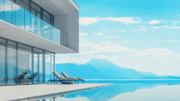 casa di lusso moderna con piscina a sfioro privata - swimming pool luxury mansion holiday villa foto e immagini stock