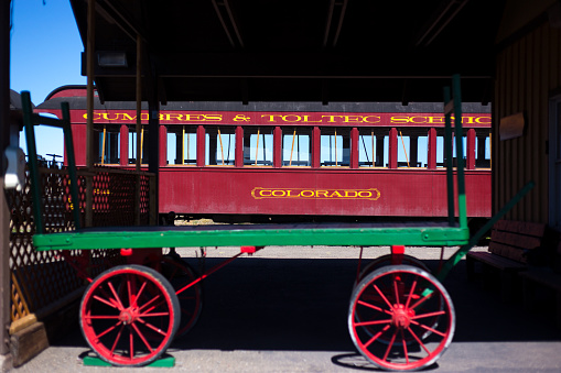 Antonito, CO: Old-fashioned red car of the Cumbres & Toltec Scenic Railroad. The Victorian steam train is a popular tourist attraction and travels 64 miles from Antonito, CO to Chama, NM and back. It has been designated a national historic landmark.