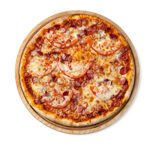 istock Fresh pizza on wooden board isolated on white 1318049749