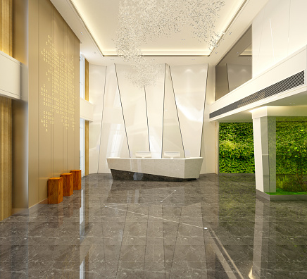 3d render of luxury hotel reception and lobby, building entrance reception.