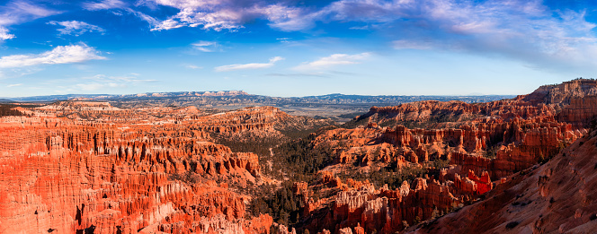 Aerial panoramic view of the beautiful American Canyon Landscape. Dramatic Cloudy Blue Sky Artistic Render. Taken in Bryce Canyon National Park, Utah, United States