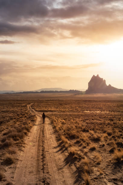 femme marchant sur un chemin de terre dans le désert sec - san juan county photos et images de collection