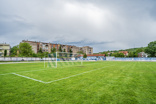 May 13th 2021, Knjazevac - Serbia: Empty no people on small soccer football stadium in cloudy day