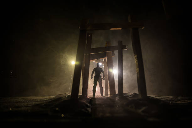 istock Creative artwork decoration. Abstract Japanese style wooden tunnel at night. Selective focus 1318058841