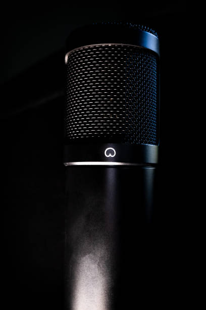 istock Closeup of Large Diaphragm Condenser Microphone with Cardioid Polarity Pattern Symbol Isolated on Black Background 1318059903
