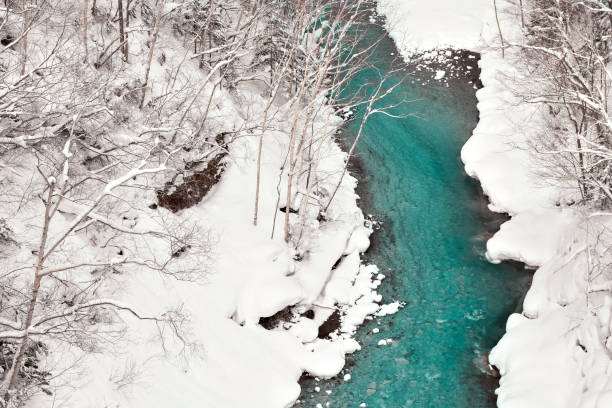 rivière biei turquoise en hiver, biei town, hokkaido, japon - parc national de daisetsuzan photos et images de collection