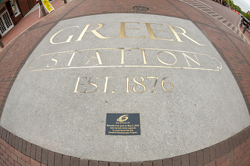 Greer, S.C. - April 23, 2021: The official, historic sign of Greer, South Carolina, in stone, located downtown, in the Old Town district.