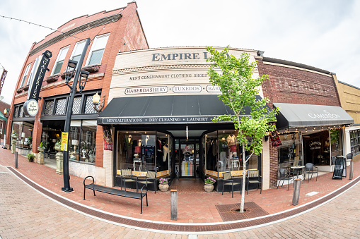 Greer, S.C. - April 23, 2021: Fisheye view of architecture in the historic Old Town district of Greer. Storefronts, shopping, and dining.