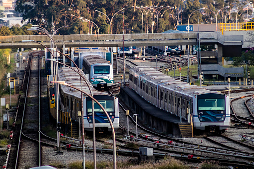 Sao Paulo, Brazil, May 09, 2021. Movement of subway trains, of Sao Paulo Metropolitan Company, in the Jabaquara maneuvering yard, south zone of Sao Paulo.