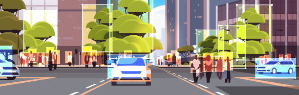 detection and identification of people and cars on city street roads facial recognition AI analyze big data concept detection and identification of people and cars on city street roads facial recognition AI analyze big data concept cityscape background horizontal vector illustration facial recognition woman stock illustrations