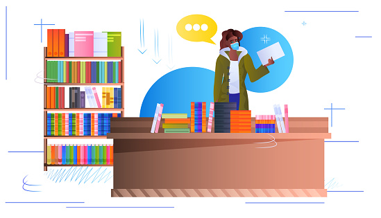 girl in mask standing near bookshelf african american woman student choosing books for reading library or bookstore visitor portrait horizontal vector illustration