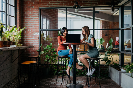 Image of two Asian businesswomen using laptop and having discussion during coffee break in lounge. Working and meeting during lunch break or coffee break.