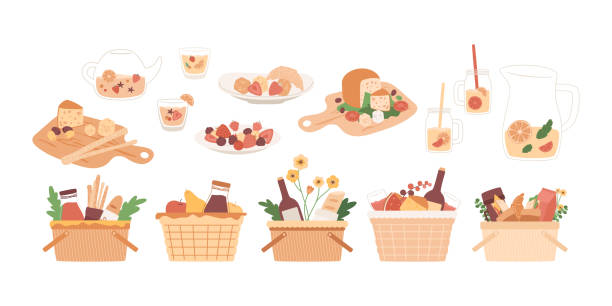 Picnic baskets set. Food in wicker crate, lemonade and ice tea. Wine, juice bottle, cheese board, fruits on plate, bread sticks, baguette. Lunch, dining in park isolated elements. Summer illustration french food stock illustrations
