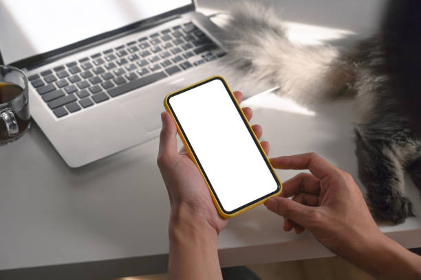 istock Close up view man hands holding mobile phone with empty screen on white table. 1318085800