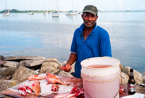 Marigot, Saint Martin - July 13 2013: Fish Monger or Cleaner Cleaning Fish at the Local Market Preparing Red Hind Grouper.