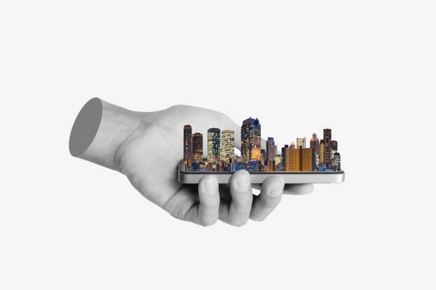 istock Digital collage modern art. Hand holding modern building, isolated on white background 1318089016