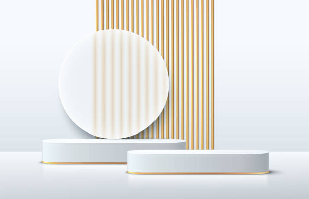 Modern white and gold cube pedestal podium. Silver color minimal wall scene with geometric shape backdrop. Vector rendering 3d shape, Product display presentation. Abstract room, Platform design. Modern white and gold cube pedestal podium. Silver color minimal wall scene with geometric shape backdrop. Vector rendering 3d shape, Product display presentation. Abstract room, Platform design. glass showroom stock illustrations