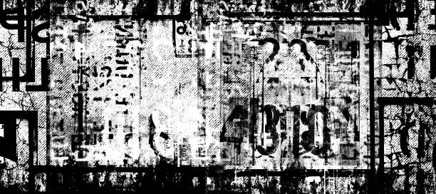 Abstract grunge futuristic cyber technology background.  Urban cyber punk monochrome illustration Abstract grunge futuristic cyber technology background.  Drawing on old grungy framed surface. Vintage dirty scratch wall. Street art blueprint. Urban cyber punk monochrome illustration graffiti background stock illustrations