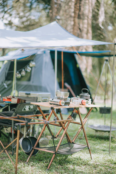 istock camping setup summer with tent, kettle, and camping stove 1318093528