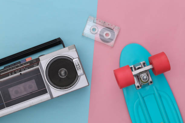 istock Retro old school attributes 80s on pink blue background. Top view. Flat lay 1318093607