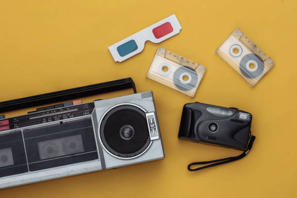 istock Retro old school attributes 80s on yellow background. Top view. Flat lay 1318093617